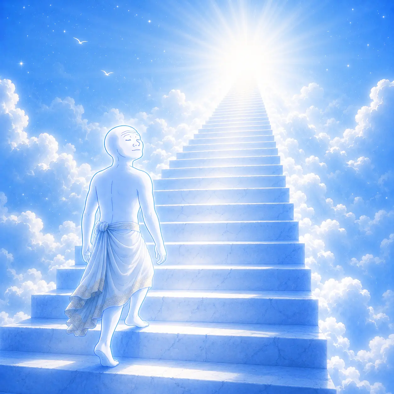 WASB character climbing marble stairs into the light