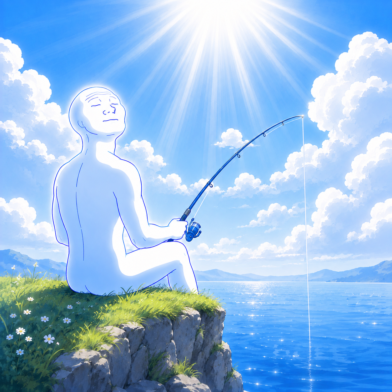 WASB character fishing peacefully beneath a bright sun